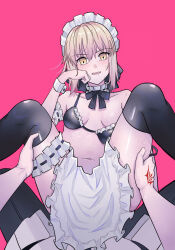 Rule 34 | 1boy, 1girl, absurdres, apron, artoria pendragon (alter swimsuit rider) (fate), artoria pendragon (fate), black bow, black bra, black thighhighs, blonde hair, bow, bra, choker, collarbone, commentary, english commentary, fate/grand order, fate (series), frills, fujimaru ritsuka (male), garter straps, hair bow, highres, imminent penetration, longdq3008, maid headdress, navel, pale skin, pov, single off shoulder, smile, spread legs, thighhighs, underwear, yellow eyes
