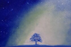 Rule 34 | aurora, blue background, blue sky, blue theme, highres, mizukiteiko8, night, night sky, no humans, original, painting (medium), sky, star (sky), starry sky, traditional media, tree, water