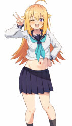 absurdres ahoge black_socks blonde_hair blue_neckerchief blue_sailor_collar blush cropped_shirt highres koshi_torako long_hair long_sleeves midriff navel neckerchief nootomo one_eye_closed open_mouth sailor_collar school_uniform serafuku shikanoko_nokonoko_koshitantan shirt simple_background smile socks stomach white_background white_shirt yellow_eyes