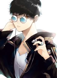 Rule 34 | 1boy, bad id, bad pixiv id, black hair, black jacket, commentary request, earbuds, earphones, earrings, fingernails, glasses, hands up, highres, jacket, jewelry, long sleeves, looking at viewer, male focus, open clothes, open jacket, orange eyes, original, ring, round eyewear, shirt, simple background, slit pupils, sogawa, solo, upper body, white background, white shirt, zipper