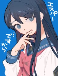 Rule 34 | 1girl, black hair, blue background, blue eyes, blue sailor collar, blush, bow, bowtie, closed mouth, danganronpa: trigger happy havoc, danganronpa (series), from side, hair between eyes, hair ornament, hairclip, hand up, highres, ilup21, long hair, looking at viewer, maizono sayaka, pink bow, pink bowtie, sailor collar, shirt, smile, solo, translation request, upper body, white shirt