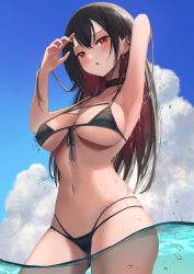 Rule 34 | 1girl, absurdres, amane sora, armpits, bikini, black bikini, black hair, blush, breasts, choker, cloud, colored inner hair, cowboy shot, earrings, front-tie top, highres, jewelry, large breasts, long hair, looking at viewer, multicolored hair, nail polish, navel, original, parted lips, red eyes, red hair, sky, solo, swimsuit, thighs, wading, water drop, wet