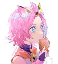 Rule 34 | 1girl, :t, blue eyes, closed mouth, diona (genshin impact), eating, food, food on face, from side, genshin impact, highres, keibleh, no headwear, pink hair, portrait, short hair, signature, simple background, solo, taiyaki, topknot, wagashi, white background