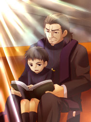 Rule 34 | 2boys, book, brown eyes, brown hair, child, cross, fate/zero, fate (series), father and son, kotomine kirei, kotomine risei, male focus, multiple boys, open book, pew, priest, reading, shorts, sitting, sitting on lap, sitting on person, stole, urako, aged down