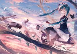 Rule 34 | 1girl, aircraft, airplane, aqua eyes, aqua hair, black dress, black gloves, black pantyhose, blue sky, book, branch, car, cloud, copyright name, copyright notice, dress, drone, elbow gloves, frilled dress, frills, gears, gloves, hair between eyes, hatsune miku, highres, long hair, looking at viewer, microscope, motor vehicle, official art, pantyhose, pill, rocket, satellite, sky, sleeveless, sleeveless dress, solo, sousou (sousouworks), spacecraft, test tube, twintails, very long hair, vocaloid