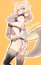 Rule 34 | 1girl, :p, absurdres, animal ear fluff, animal ears, arknights, ass, bare shoulders, black bra, black panties, black thighhighs, blonde hair, blush, bra, breasts, character name, closed mouth, detached sleeves, feet out of frame, from behind, garter straps, heart, highres, horse ears, horse girl, horse tail, lingerie, long hair, long sleeves, looking at viewer, looking back, medium breasts, panties, see-through, sideboob, simple background, smile, solo, standing, stine r, swept bangs, tail, thighhighs, tongue, tongue out, underwear, underwear only, v-shaped eyebrows, whislash (arknights), yellow background