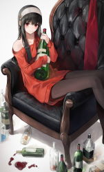 Rule 34 | 1girl, alcohol, bare shoulders, black hair, blush, bottle, brown pantyhose, champagne, drink, drunk, earrings, ebiri fy, hairband, highres, holding, holding bottle, jewelry, long hair, long sleeves, off-shoulder sweater, off shoulder, on chair, pantyhose, red eyes, red sweater, simple background, sitting, smile, solo, spill, spy x family, sweater, whiskey, white background, wine bottle, yor briar
