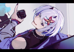 Rule 34 | 1boy, black nails, black shirt, dokex xx, fang, flower, hair flower, hair ornament, holding, holding microphone, horns, indie virtual youtuber, jacket, looking at viewer, male focus, microphone, multicolored flower, open mouth, purple eyes, purple hair, purple jacket, red flower, shirt, sideways glance, simple background, sleeveless, sleeveless shirt, solo, teeth, turtleneck, upper teeth only, whale taylor, white background, white hair, yellow flower
