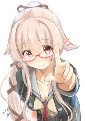 Rule 34 | 1girl, absurdres, bespectacled, black gloves, black jacket, brown eyes, collarbone, commentary request, cowboy shot, dated, fyuo, glasses, gloves, grey sailor collar, grey skirt, hair flaps, highres, index finger raised, jacket, kantai collection, long hair, looking at viewer, neck ribbon, one-hour drawing challenge, pink hair, pleated skirt, ponytail, red-framed eyewear, red ribbon, ribbon, sailor collar, school uniform, serafuku, short sleeves, signature, simple background, skirt, solo, translation request, very long hair, white background, yura (kancolle), yura kai ni (kancolle)