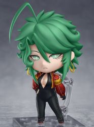 Rule 34 | 1girl, ahoge, black gloves, breasts, cleavage, closed mouth, commission, earrings, faux figurine, fingerless gloves, gloves, green eyes, green hair, hand on own hip, highres, hoop earrings, jewelry, looking at viewer, medium breasts, medium hair, mole, mole on breast, nendoroid, original, second-party source, shiori2525, solo
