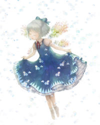 Rule 34 | 1girl, alternate wings, bow, cirno, closed eyes, curtsey, embodiment of scarlet devil, female focus, flower, forget-me-not (flower), frills, gathers, highres, socks, solo, touhou, wings, yuyayuyo