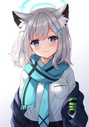 Rule 34 | 1girl, animal ear fluff, animal ears, black gloves, black jacket, black skirt, blue archive, blue eyes, blue necktie, blue scarf, blush, breasts, closed mouth, commentary request, fringe trim, gloves, gradient background, green gloves, grey background, grey hair, halo, highres, jacket, looking at viewer, nazuna shizuku, necktie, off shoulder, open clothes, open jacket, plaid, plaid skirt, scarf, shiroko (blue archive), shirt, skirt, small breasts, smile, solo, white background, white shirt