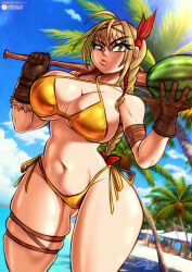 Rule 34 | 1girl, ahoge, bandaged arm, bandages, baseball bat, beach, beach umbrella, beatrice (brown dust), bikini, blonde hair, bluewolfartista, braid, braided ponytail, breasts, brown dust, brown dust 2, brown eyes, brown gloves, cleavage, commission, feet out of frame, glaring, gloves, gluteal fold, groin, hair ribbon, highres, holding, holding baseball bat, holding watermelon, large breasts, long hair, navel, ocean, palm tree, red ribbon, ribbon, signature, solo, stomach, swimsuit, thick thighs, thighs, tree, umbrella, very long hair, yellow bikini