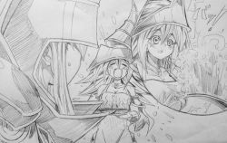 Rule 34 | 1boy, 1girl, artist request, bare shoulders, breasts, comic, cooking, dark magician, dark magician girl, duel monster, hat, large breasts, long hair, magical girl, monochrome, open mouth, tears, traditional media, wizard hat, yu-gi-oh!, yuu-gi-ou, yu-gi-oh! duel monsters