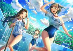 Rule 34 | 3girls, ^ ^, barefoot, blouse, blue one-piece swimsuit, blush, brown eyes, brown hair, closed eyes, cloud, collarbone, competition school swimsuit, day, double bun, empty pool, hair bun, hair intakes, half updo, holding, holding hose, hose, jintsuu (kancolle), kantai collection, long hair, multiple girls, naka (kancolle), one-piece swimsuit, one eye closed, open mouth, pool, rainbow, school swimsuit, see-through, sendai (kancolle), shirt, short hair, short sleeves, smile, swimsuit, swimsuit under clothes, two side up, unowen, water, white shirt