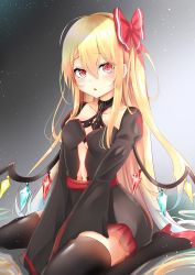 Rule 34 | 1girl, alternate costume, alternate hair length, alternate hairstyle, between legs, black legwear, black skirt, blonde hair, blush, bow, breasts, chain, clothing cutout, collar, collarbone, colored eyelashes, crystal, flandre scarlet, gradient background, hair between eyes, hair bow, hand between legs, high heels, highres, light particles, long hair, looking at viewer, navel, navel cutout, one side up, parted lips, red bow, red eyes, red footwear, renka (cloudsaikou), simple background, sitting, skirt, small breasts, touhou, very long hair, wariza, wide sleeves, wings