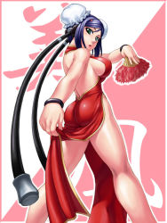 Rule 34 | 1girl, aq interactive, arcana heart, ass, atlus, blue hair, breasts, bun cover, china dress, chinese clothes, cleavage, double bun, dress, examu, fang, green eyes, large breasts, looking back, mei-fang, misao (kami no misoshiru), side slit, sideboob, solo