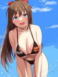 Rule 34 | 1girl, :d, areola slip, bare shoulders, bent over, bikini, black bikini, blue eyes, blue sky, blush, bow, breasts, brown hair, closed mouth, clothes writing, collarbone, day, gluteal fold, hair bow, highres, large breasts, long hair, looking at viewer, love live!, love live! nijigasaki high school idol club, mobukichi, navel, open mouth, osaka shizuku, outdoors, ponytail, pornhub, product placement, red bow, side-tie bikini bottom, sky, smile, solo, swimsuit, very long hair, water
