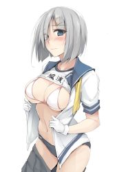 Rule 34 | 1girl, bikini, bikini top only, blue eyes, blush, breasts, cleavage, closed mouth, clothes lift, collarbone, eyes visible through hair, gloves, grey panties, grey skirt, hair ornament, hair over one eye, hairclip, hamakaze (kancolle), highres, kantai collection, large breasts, looking at viewer, name tag, navel, neckerchief, open clothes, open shirt, panties, pleated skirt, school uniform, serafuku, shirt, shirt lift, short hair, short sleeves, silver hair, simple background, skirt, solo, swimsuit, thighs, underwear, wavy mouth, white background, white bikini, white gloves, white shirt, yellow neckerchief, zekkyon