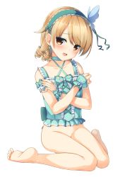 Rule 34 | 1girl, absurdres, bad id, bad pixiv id, barefoot, bottomless, brown eyes, butterfly hair ornament, collarbone, feet, full body, green hairband, hair ornament, hairband, highres, idolmaster, idolmaster cinderella girls, light brown hair, looking at viewer, miyashita maka, morikubo nono, open mouth, short hair, simple background, sitting, sleeveless, solo, white background