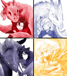 Rule 34 | 4girls, 4others, animal ears, blake belladonna, braid, braided ponytail, cat ears, chinese zodiac, claws, dragon, dragon horns, eastern dragon, fangs, feathers, highres, horns, kyrus hiki, long hair, multiple girls, multiple others, one eye closed, ruby rose, rwby, scar, scar across eye, scarf, sharp teeth, short hair, smile, spines, tail, talons, teeth, weiss schnee, whiskers, wings, yang xiao long, year of the dragon