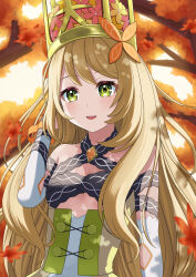 Rule 34 | 1girl, :d, absurdres, autumn leaves, bare shoulders, blonde hair, breasts, butterfly hair ornament, celine (fire emblem), crown, detached sleeves, dress, falling leaves, fire emblem, fire emblem engage, green dress, green eyes, hair ornament, hand in own hair, highres, leaf, long hair, looking at viewer, nintendo, open mouth, shiina (shiina c), small breasts, smile, solo, teeth, tree, upper body, upper teeth only