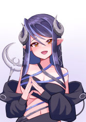 Rule 34 | 1girl, :d, absurdres, bandeau, belt, black bandeau, black belt, black hair, black jacket, blue belt, blush, breasts, brown eyes, chest belt, cleavage, commentary request, curled horns, demon girl, demon horns, demon tail, gradient background, grey horns, hair between eyes, hebiyoi tier, hebiyoi tier (1st costume), highres, horns, jacket, large breasts, long hair, long sleeves, looking at viewer, multicolored hair, nanashi inc., navel, off shoulder, open mouth, pink background, pointy ears, purple hair, smile, snake bite, solo, steepled fingers, sugar lyric, tail, two-tone hair, underboob, upper body, virtual youtuber, yomusu