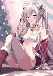 Rule 34 | 1girl, bell, boots, bra, breasts, christmas, highres, long hair, looking at viewer, neck bell, original, rasahan, red eyes, red footwear, sitting, small breasts, solo, thighhighs, thighs, twintails, underwear, white bra, white hair, white thighhighs