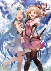 Rule 34 | 10s, 2girls, :d, ;d, ahoge, bare shoulders, barefoot, blonde hair, blue eyes, blue hair, blue sky, boots, breasts, brown eyes, choker, cloud, cloudy sky, day, djeeta (granblue fantasy), dragon, dress, fighter (granblue fantasy), gauntlets, granblue fantasy, hairband, long hair, looking at viewer, lyria (granblue fantasy), medium breasts, multiple girls, one eye closed, open mouth, pink dress, puffy short sleeves, puffy sleeves, sheath, sheathed, shirabi, short hair, short sleeves, sky, sleeveless, sleeveless dress, small breasts, smile, sword, thigh boots, thighhighs, vyrn (granblue fantasy), very long hair, weapon, zettai ryouiki