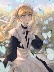 Rule 34 | 1girl, :d, apron, black dress, blonde hair, blue eyes, blush, bug, bush, butterfly, ceru, day, dress, floating hair, highres, insect, long hair, long sleeves, maid, maid headdress, neck ribbon, open mouth, original, outdoors, parted lips, ribbon, sitting, smile, solo, very long hair, white apron, white ribbon, wind