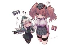 Rule 34 | 2girls, ?, atlanta (kancolle), blonde hair, blush, breasts, brown hair, closed eyes, cropped legs, earrings, garrison cap, hat, headgear, high-waist skirt, jewelry, kantai collection, long hair, long sleeves, multiple girls, musical note, n:go, open mouth, pointing, puffy sleeves, signature, simple background, single earring, skirt, spoken question mark, star (symbol), star earrings, swimsuit, trait connection, twintails, two side up, u-511 (kancolle), white background