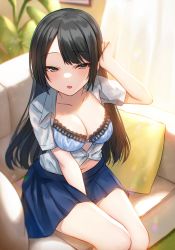 Rule 34 | 1girl, absurdres, arm up, armchair, bare legs, between legs, black eyes, black hair, blue bra, blue skirt, bra, breasts, chair, collared shirt, commentary request, curtains, dress shirt, eyes visible through hair, hand between legs, hand in own hair, highres, hoshimiya aki, indoors, long hair, looking at viewer, medium breasts, open clothes, open mouth, open shirt, original, pillow, pleated skirt, school uniform, shirt, short sleeves, sitting, skirt, solo, swept bangs, thighs, underwear, white shirt