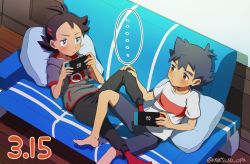 Rule 34 | 2boys, antenna hair, ash ketchum, barefoot, black hair, black pants, blue eyes, blush, brown eyes, closed mouth, commentary request, couch, creatures (company), cushion, game freak, goh (pokemon), grey shirt, handheld game console, holding, holding handheld game console, indoors, male focus, matsuno opa, multiple boys, nintendo, nintendo switch, pants, pokemon, pokemon (anime), pokemon journeys, red legwear, shirt, short hair, short sleeves, shorts, socks, t-shirt, wooden floor