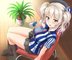 Rule 34 | 10s, 1girl, bad id, bad pixiv id, black skirt, blouse, blue eyes, blush, breasts, chair, cigarette, employee uniform, from above, full body, hair between eyes, kantai collection, kashima (kancolle), large breasts, lawson, long hair, looking at viewer, md5 mismatch, miniskirt, moru (00hal), open mouth, pleated skirt, shirt, shoes, short sleeves, silver hair, sitting, skirt, solo, striped clothes, striped shirt, twintails, uniform, vertical stripes, wavy hair, wooden floor