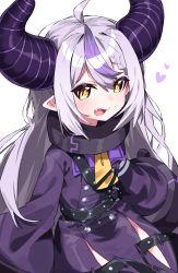 Rule 34 | 1girl, ahoge, blush, demon horns, dress, fang, grey hair, heart, highres, hololive, horns, la+ darknesss, long hair, long sleeves, looking at viewer, multicolored hair, open mouth, pointy ears, purple dress, purple hair, simple background, sleeves past fingers, sleeves past wrists, solo, streaked hair, tosyeo, very long hair, virtual youtuber, white background, wide sleeves, yellow eyes