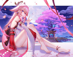Rule 34 | 1girl, animal ears, backless outfit, backless shirt, bare shoulders, barefoot, breasts, cherry blossoms, detached sleeves, falling petals, feet, fox ears, full moon, genshin impact, grin, hand up, high heels, highres, knees up, large breasts, legs, lightria, long hair, long sleeves, looking at viewer, moon, nail polish, night, night sky, nontraditional miko, okobo, petals, pink hair, purple eyes, red skirt, sandals, shirt, sideboob, sitting, skirt, sky, sleeveless, sleeveless shirt, smile, solo, thighs, toenail polish, toenails, toes, torii, tree, variant set, very long hair, white shirt, yae miko