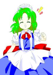 Rule 34 | 1girl, apron, blue dress, bow, dress, closed eyes, green hair, maid apron, maid headdress, nonamejd, red bow, ruukoto, short sleeves, simple background, smile, solo, touhou, touhou (pc-98)