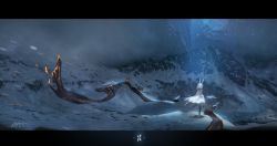 Rule 34 | 1girl, absurdres, animal ears, arknights, back, black legwear, frostnova (arknights), highres, joshua jin, letterboxed, long hair, mountain, night, outdoors, scenery, snow, solo, torn clothes, white hair