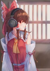 Rule 34 | 1girl, absurdres, ascot, beyerdynamic, bow, brown hair, closed mouth, commentary request, detached sleeves, frilled bow, frilled hair tubes, frills, hair bow, hair tubes, hakurei reimu, headphones, highres, long hair, red bow, red eyes, smile, solo, taguno, touhou, window, yellow ascot