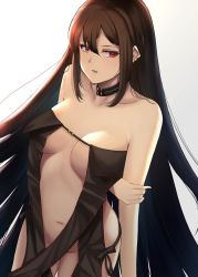 Rule 34 | 1girl, arm behind back, bare shoulders, black dress, breasts, breasts apart, brown hair, center opening, choker, collarbone, cowboy shot, dress, ear piercing, fate/grand order, fate (series), groin, highres, holding own arm, jewelry, long hair, looking at viewer, medium breasts, multiple piercings, navel, no panties, open mouth, piercing, red eyes, revealing clothes, solo, strapless, very long hair, yamikyon, yu mei-ren (fate)