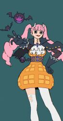 1girl ascot bat_(animal) blunt_bangs cape commentary_request dress drill_hair gloves hand_on_own_hip highres horns looking_at_viewer lower_eyelashes_only naka29maru one_piece orange_dress perona pink_hair simple_background solo tongue tongue_out twintails white_ascot