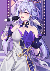 Rule 34 | 1girl, :d, ^ ^, choker, closed eyes, commentary request, detached sleeves, dress, facial mark, gloves, grey hair, hair intakes, hand up, head wings, highres, holding, holding microphone, honkai: star rail, honkai (series), microphone, open mouth, pink lips, robin (honkai: star rail), ryuichi (tk ryuichi), short sleeves, smile, solo, strapless, strapless dress, upper body, white dress, white gloves, wings