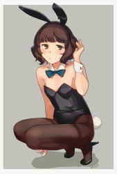 Rule 34 | 1girl, animal ears, black footwear, black leotard, blue bow, blue bowtie, blunt bangs, bow, bowtie, breasts, brown eyes, brown hair, brown pantyhose, closed mouth, detached collar, fake animal ears, fake tail, full body, high heels, kantai collection, kishinami (kancolle), leotard, looking at viewer, makio (makiomeigenbot), pantyhose, playboy bunny, rabbit ears, rabbit tail, shadow, short hair, signature, simple background, small breasts, solo, squatting, sweat, tail, thighband pantyhose, wrist cuffs