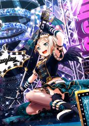 Rule 34 | 1girl, :d, aoba moca, aqua skirt, arm strap, arm up, bad id, bad pixiv id, bang dream!, black footwear, black gloves, black hat, black jacket, black nails, black wings, blue eyes, brown legwear, detached sleeves, earrings, feathered wings, fingerless gloves, frilled skirt, frills, full body, gloves, hair between eyes, hat, highres, holding, holding microphone stand, ink (pixiv25450915), jacket, jewelry, layered skirt, looking at viewer, microphone stand, miniskirt, nail polish, open mouth, outstretched arm, outstretched hand, plaid, plaid skirt, short hair, short sleeves, silver hair, single wing, sitting, skirt, smile, solo, stage, striped sleeves, thighs, torn clothes, torn legwear, wings