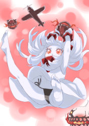 Rule 34 | 10s, 1girl, abyssal ship, aircraft, airplane, armpits, arms up, barefoot, black panties, breath weapon, breathing fire, feet, fire, horns, kantai collection, long hair, mittens, monster, northern ocean princess, pale skin, panties, red eyes, sensen, side-tie panties, soles, solo, toes, underwear, white hair