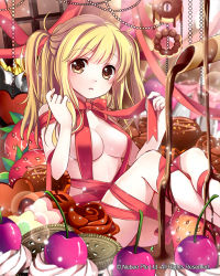 Rule 34 | 1girl, blonde hair, breasts, brown eyes, candy, cherry, chocolate, chocolate bar, cleavage, company name, cookie, doughnut, food, fruit, heart, long hair, naked ribbon, original, ribbon, shinkai no valkyrie, solo, strawberry, tin (wsp85205), twintails, wafer stick