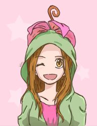 Rule 34 | absurdres, brown eyes, brown hair, cosplay, digimon, highres, long hair, open mouth, palmon, palmon (cosplay), smile, tachikawa mimi