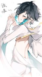 Rule 34 | 1boy, androgynous, aqua hair, back, back focus, black hair, braid, closed eyes, feathered wings, fingers together, genshin impact, gradient hair, highres, male focus, multicolored hair, short hair with long locks, simple background, smile, solo, teeth, tongzhiz, twin braids, venti (archon) (genshin impact), venti (genshin impact), white background, wings