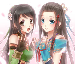 Rule 34 | 2girls, bare shoulders, black hair, blue eyes, blush, breasts, brown eyes, chinese clothes, crossover, detached sleeves, elbow gloves, flower, gloves, guan yinping, hair ornament, hayakawa-dono, japanese clothes, long hair, multiple girls, open mouth, sengoku musou, shin sangoku musou, smile