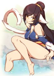 Rule 34 | 1girl, absurdly long hair, absurdres, ainu clothes, animal ears, aquaplus, backless outfit, bare legs, bare shoulders, barefoot, black hair, blue dress, blush, breasts, cat tail, cleavage, cleavage cutout, closed mouth, clothing cutout, collarbone, dress, eyes visible through hair, feet, fingernails, from side, full body, gradient eyes, hair between eyes, hair over one eye, head tilt, high ponytail, highres, in water, kuon (utawarerumono), leg up, long hair, long sleeves, medium breasts, multicolored eyes, nose, off shoulder, penguru 086, ponytail, sash, shiny skin, sideboob, sidelocks, sitting, sleeveless, smile, solo, swept bangs, tail, thick thighs, thighs, toenails, utawarerumono, utawarerumono: futari no hakuoro, utawarerumono: itsuwari no kamen, very long hair, white tail, yellow eyes
